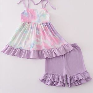 Colorful Tie-Dye Ruffle Top and Shorts Set